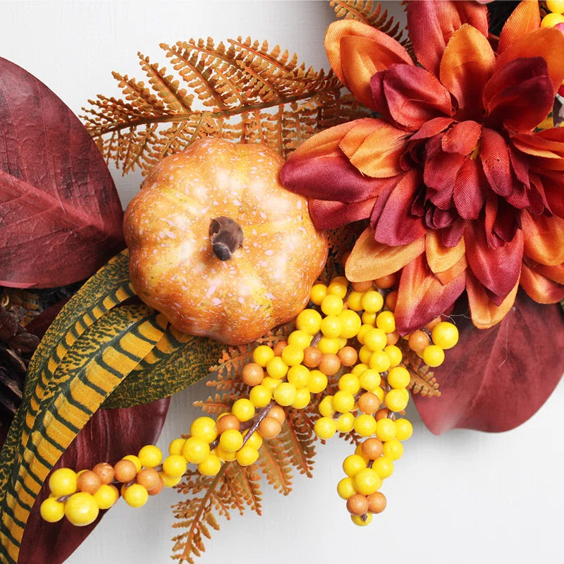 24" Pumpkin & Dahlia Fall Wreath - Autumn Outdoor Fall Decor