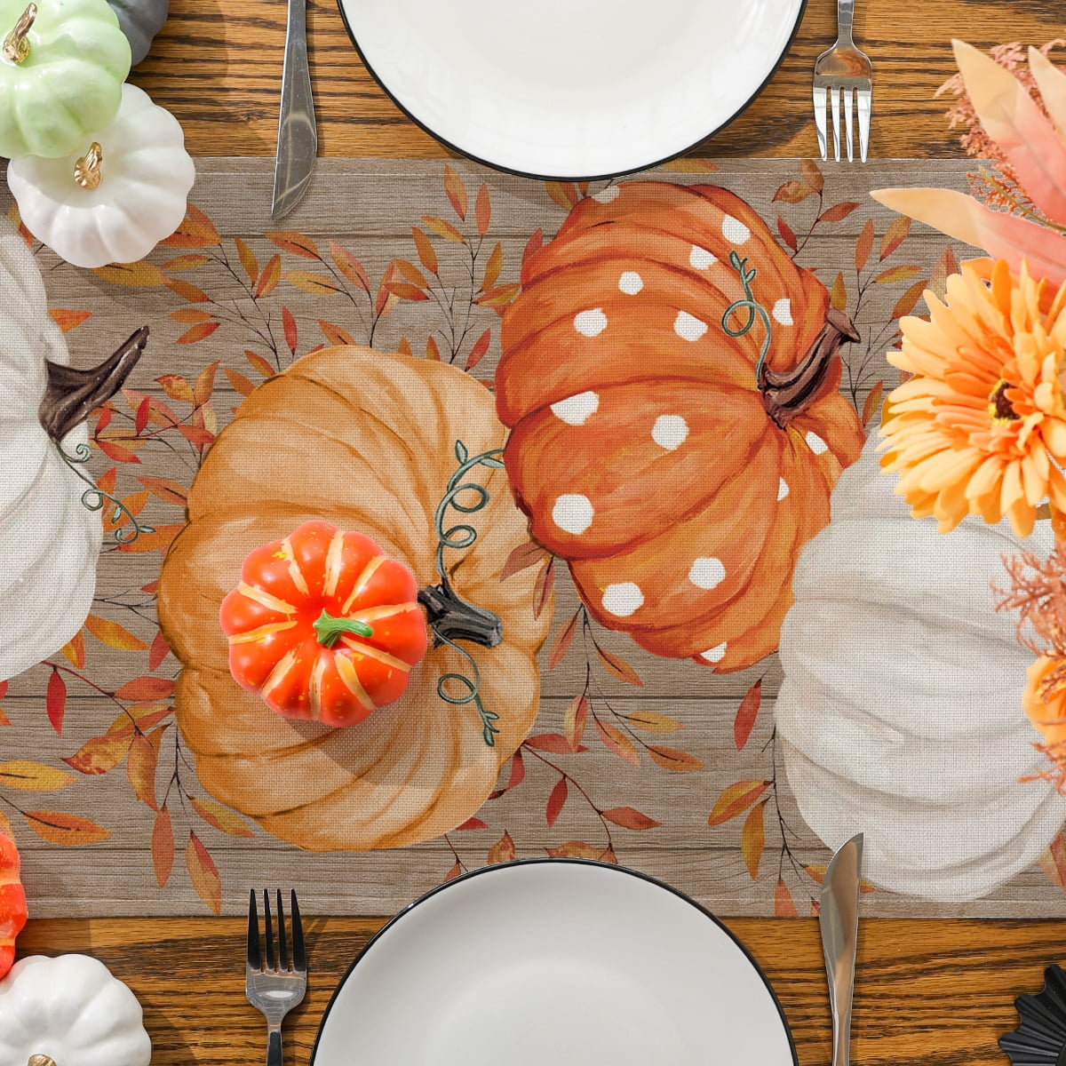 Fall Table Runner, Pumpkins Leaf Fall Decor Home Indoor Tableware, 13X72 Inch, Polyester
