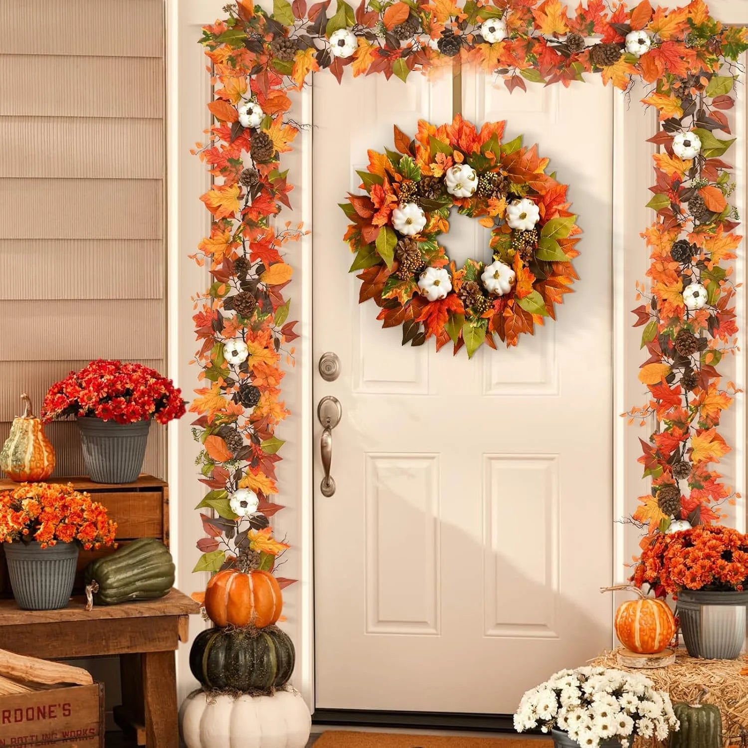 20 Inch Lighted Fall Wreaths for Front Door Fall Decor, Maple Leaf Autumn Wreath with White Pumpkins Thanksgiving Fall Decorations for Home