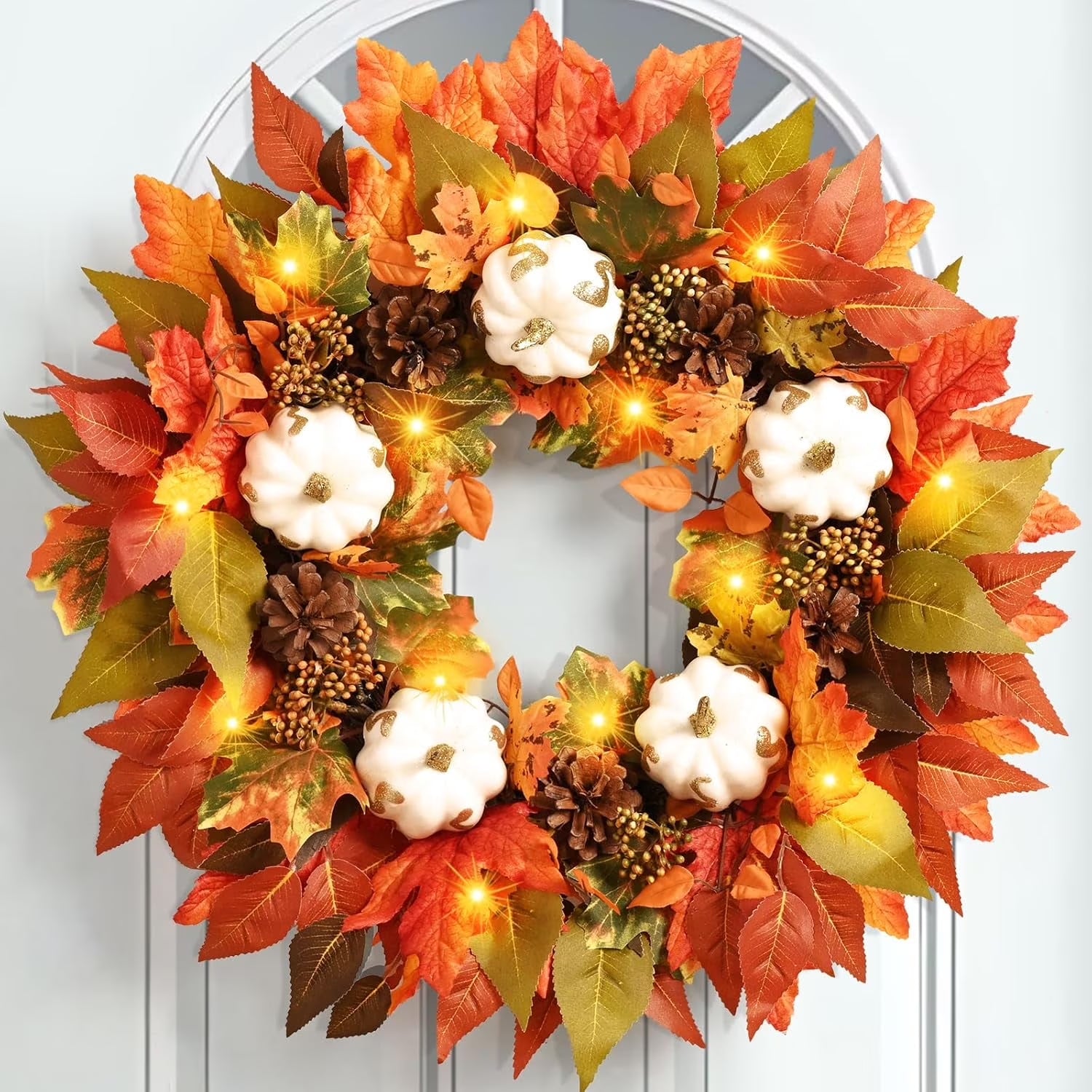 20 Inch Lighted Fall Wreaths for Front Door Fall Decor, Maple Leaf Autumn Wreath with White Pumpkins Thanksgiving Fall Decorations for Home