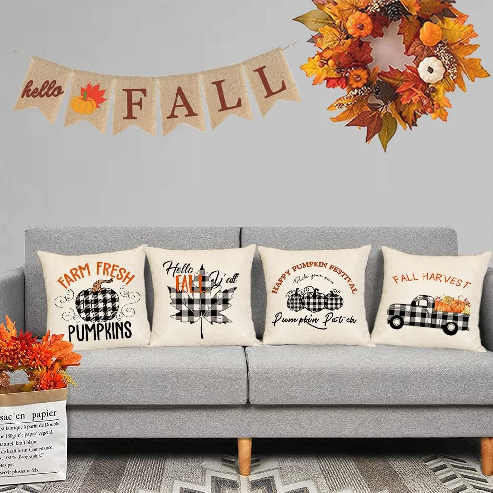 Fall Throw Pillow Covers 20X20 Set of 4 Thanksgiving Pillow Covers Plaid Fall Pumpkin Maple Leaf Cushion Covers Autumn Decorative Pillow Cases for Home Couch Sofa Decorations (20 Inch)