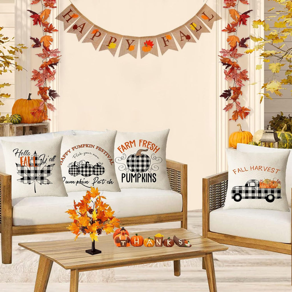 Fall Throw Pillow Covers 20X20 Set of 4 Thanksgiving Pillow Covers Plaid Fall Pumpkin Maple Leaf Cushion Covers Autumn Decorative Pillow Cases for Home Couch Sofa Decorations (20 Inch)