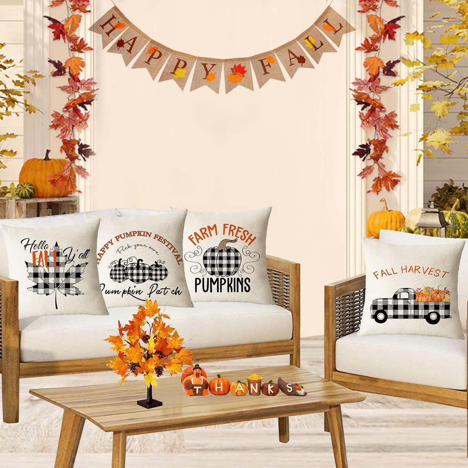 Fall Throw Pillow Covers 20X20 Set of 4 Thanksgiving Pillow Covers Plaid Fall Pumpkin Maple Leaf Cushion Covers Autumn Decorative Pillow Cases for Home Couch Sofa Decorations (20 Inch)