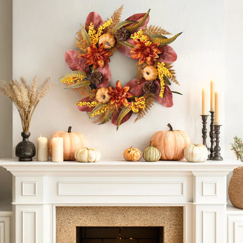 24" Pumpkin & Dahlia Fall Wreath - Autumn Outdoor Fall Decor