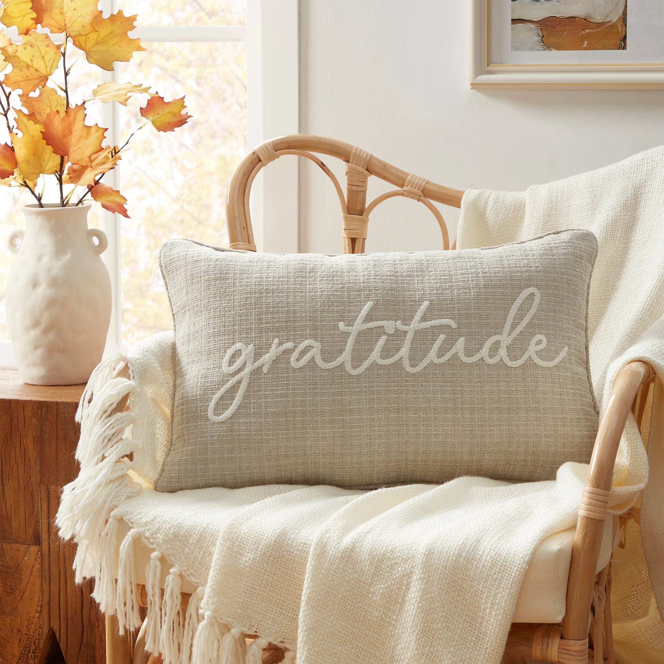 14" X 22" Beige Embroidered Gratitude Oblong Decorative