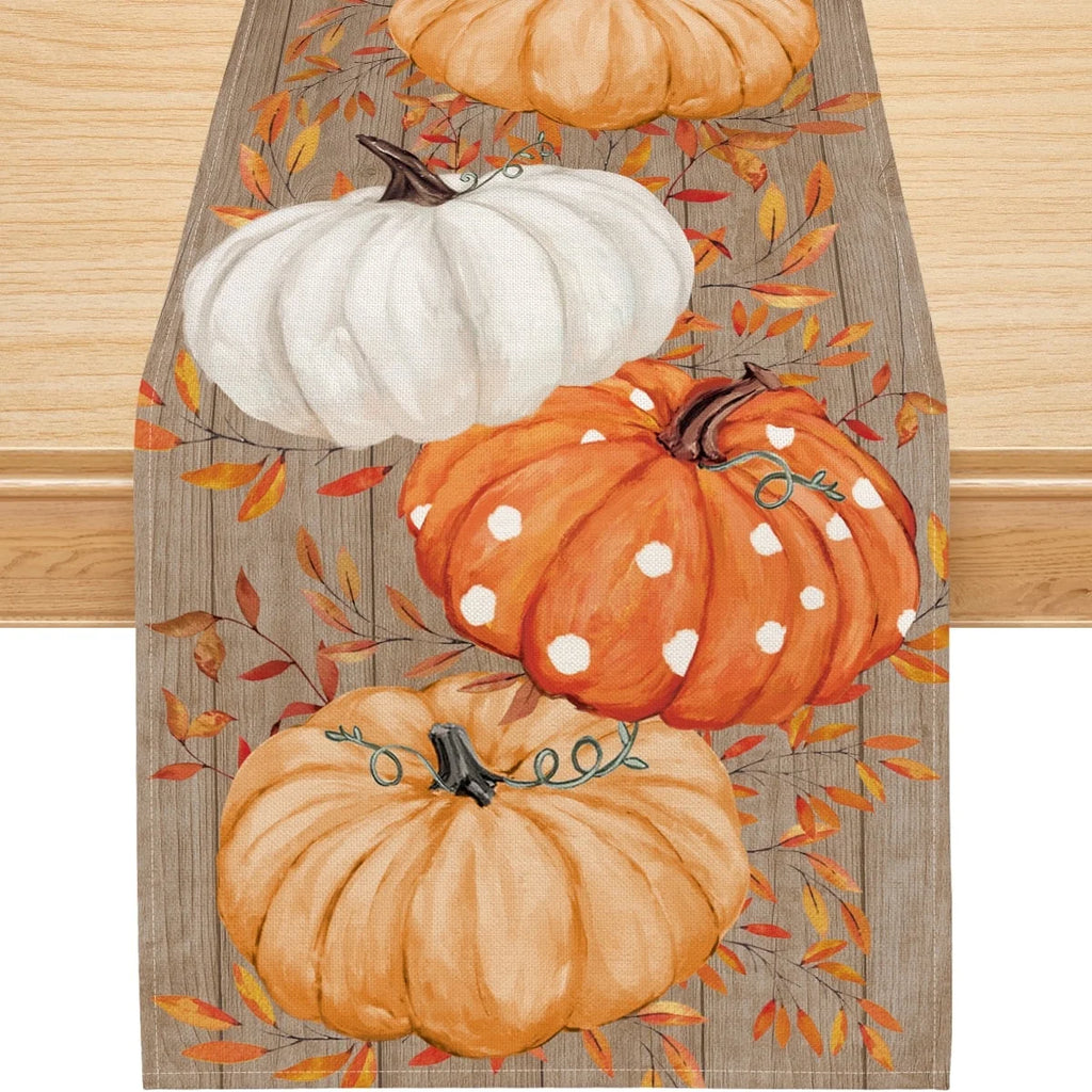 Fall Table Runner, Pumpkins Leaf Fall Decor Home Indoor Tableware, 13X72 Inch, Polyester