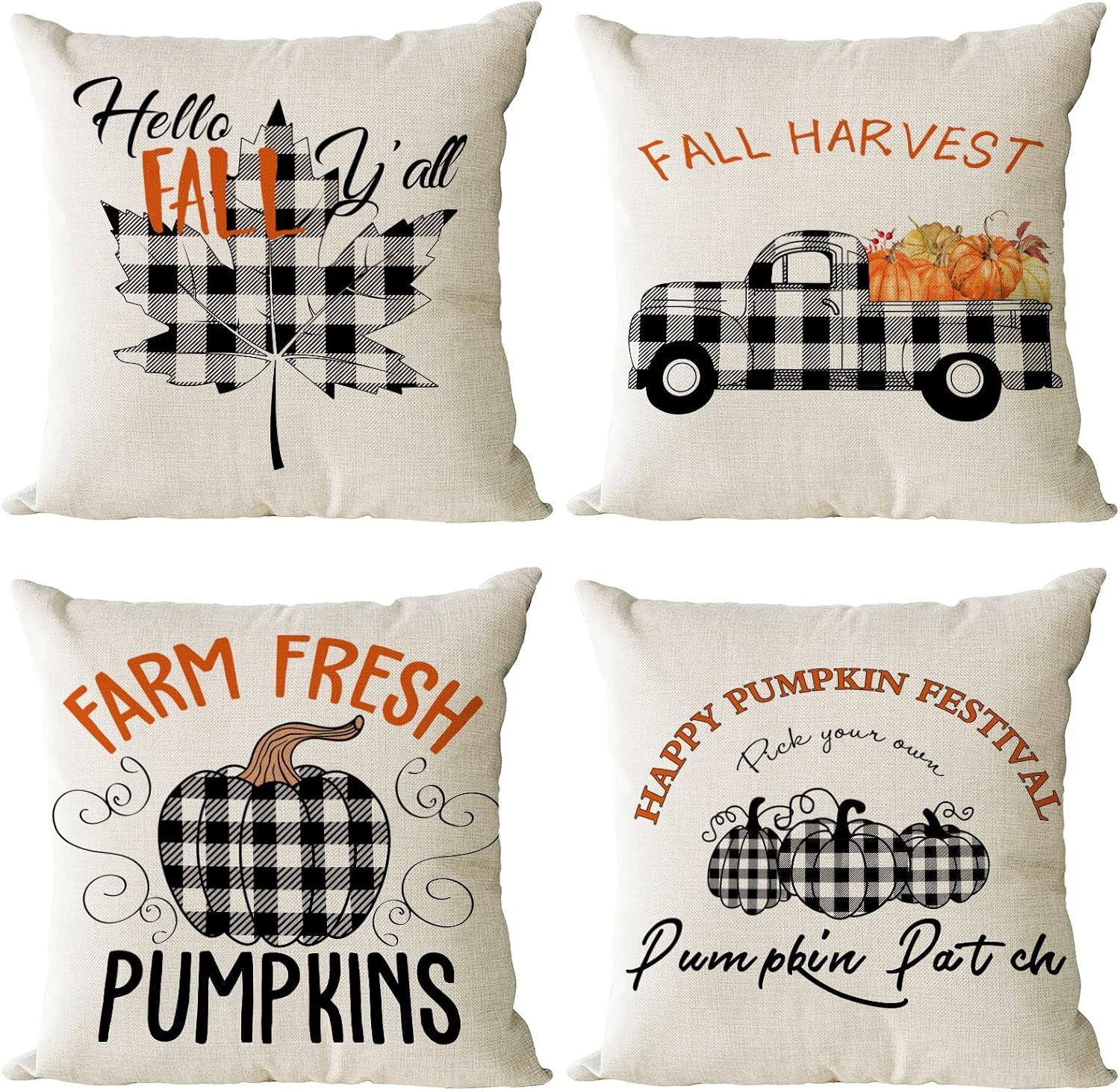 Fall Throw Pillow Covers 20X20 Set of 4 Thanksgiving Pillow Covers Plaid Fall Pumpkin Maple Leaf Cushion Covers Autumn Decorative Pillow Cases for Home Couch Sofa Decorations (20 Inch)