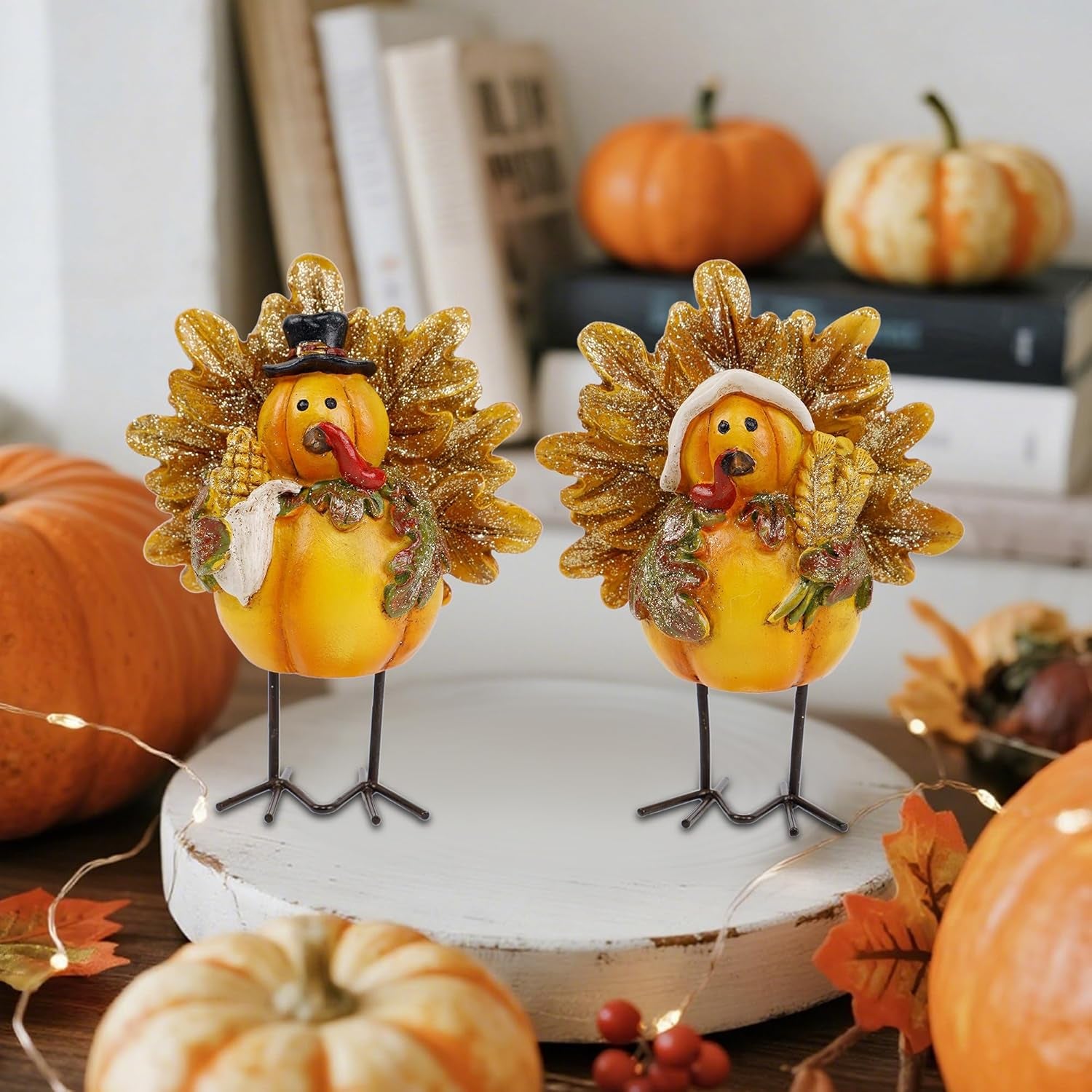 Thanksgiving Turkey Figurine, Set of 2 Resin Turkey Fall Tabletop Decorations, Standing Turkey Couple Harvest Decor for Home Table Kitchen