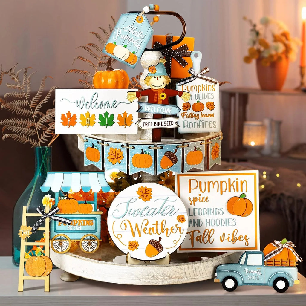 Fall Tiered Tray Decor Thanksgiving Pumpkin Tray Decor Truck Fall Autumn Harvest Wooden Table Decorations Signs for Festival Home Decor