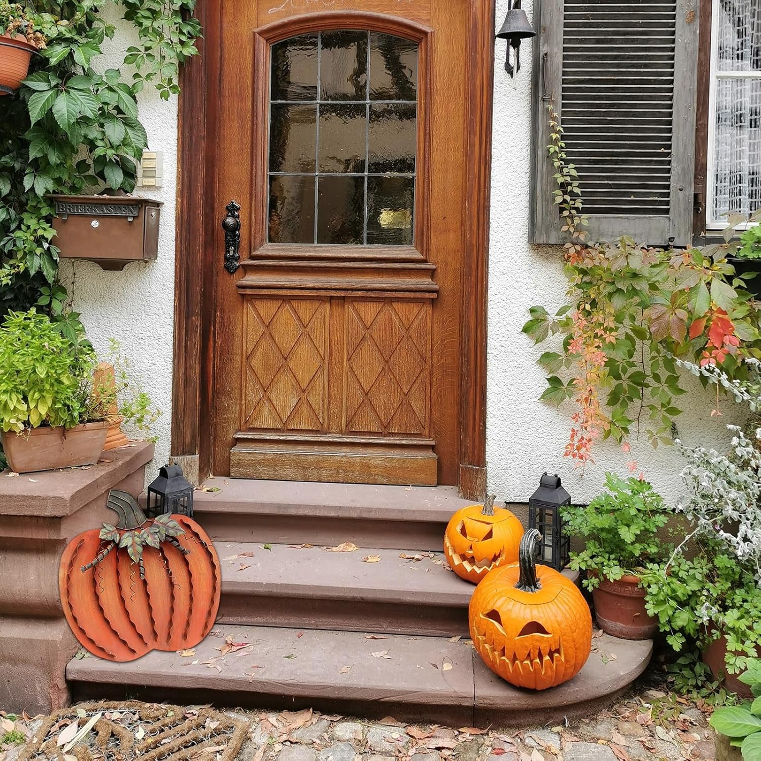Metal Pumpkin Harvest Fall Decor Thanksgiving Halloween Outdoor Yard Garden Decor Free Standing Pumpkin Decorations for Home (H-18)