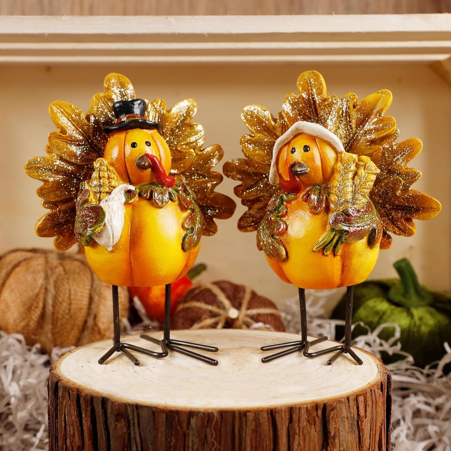 Thanksgiving Turkey Figurine, Set of 2 Resin Turkey Fall Tabletop Decorations, Standing Turkey Couple Harvest Decor for Home Table Kitchen