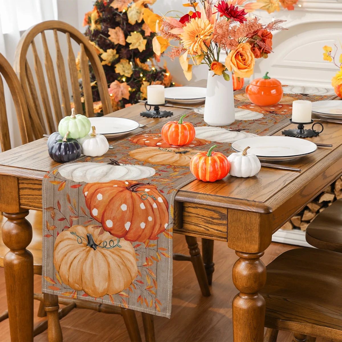 Fall Table Runner, Pumpkins Leaf Fall Decor Home Indoor Tableware, 13X72 Inch, Polyester
