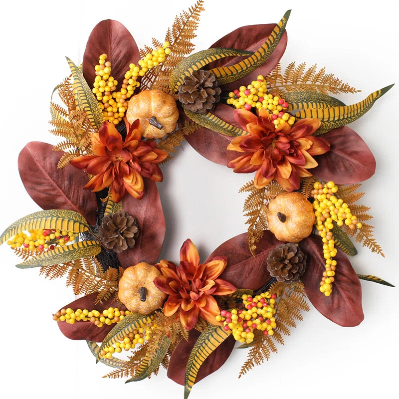 24" Pumpkin & Dahlia Fall Wreath - Autumn Outdoor Fall Decor