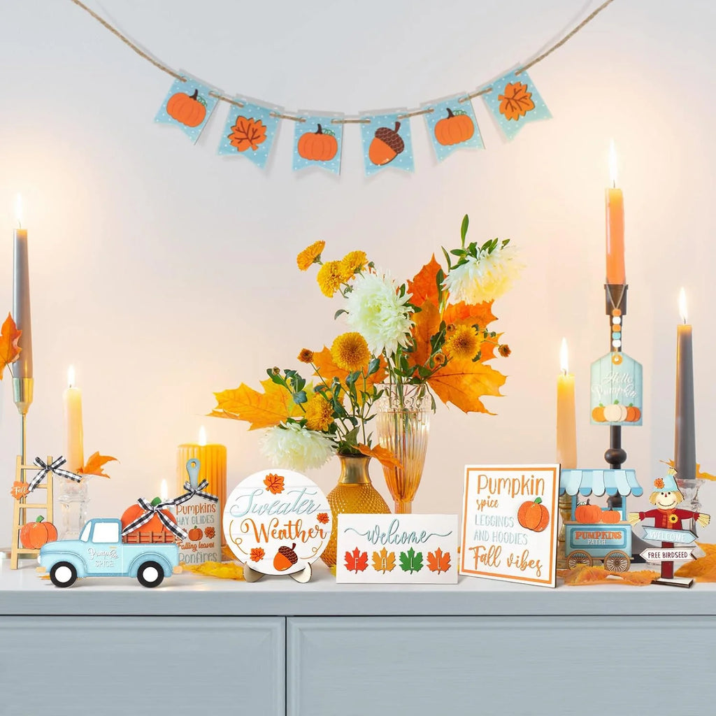 Fall Tiered Tray Decor Thanksgiving Pumpkin Tray Decor Truck Fall Autumn Harvest Wooden Table Decorations Signs for Festival Home Decor
