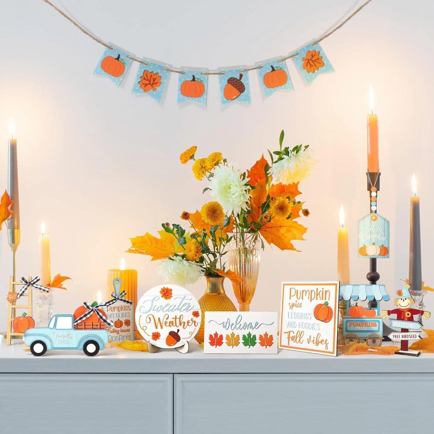Fall Tiered Tray Decor Thanksgiving Pumpkin Tray Decor Truck Fall Autumn Harvest Wooden Table Decorations Signs for Festival Home Decor