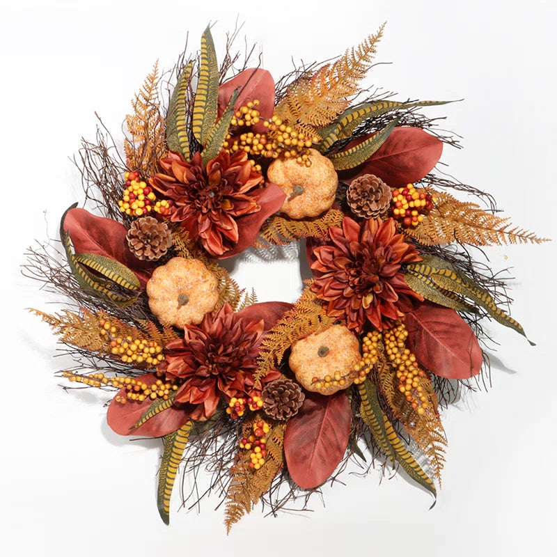 24" Pumpkin & Dahlia Fall Wreath - Autumn Outdoor Fall Decor