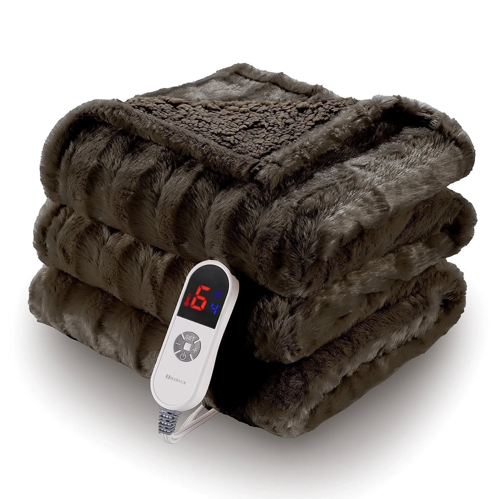 Electric Throw Blanket Extra Large Size, 60" X 70" Soft Faux Fur Heated Throw Blanket, 6 Heating Levels, 4 Hours Timer - Brown