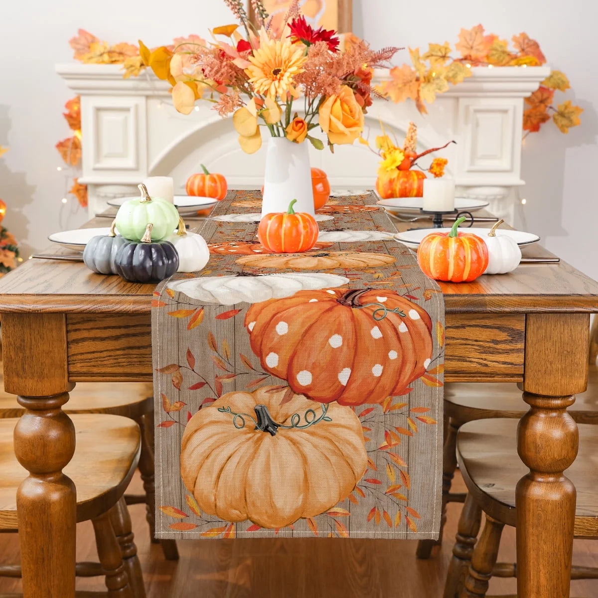 Fall Table Runner, Pumpkins Leaf Fall Decor Home Indoor Tableware, 13X72 Inch, Polyester