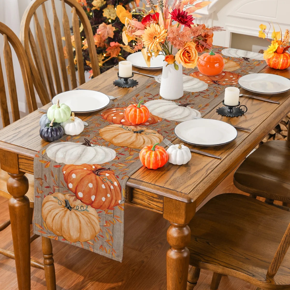 Fall Table Runner, Pumpkins Leaf Fall Decor Home Indoor Tableware, 13X72 Inch, Polyester