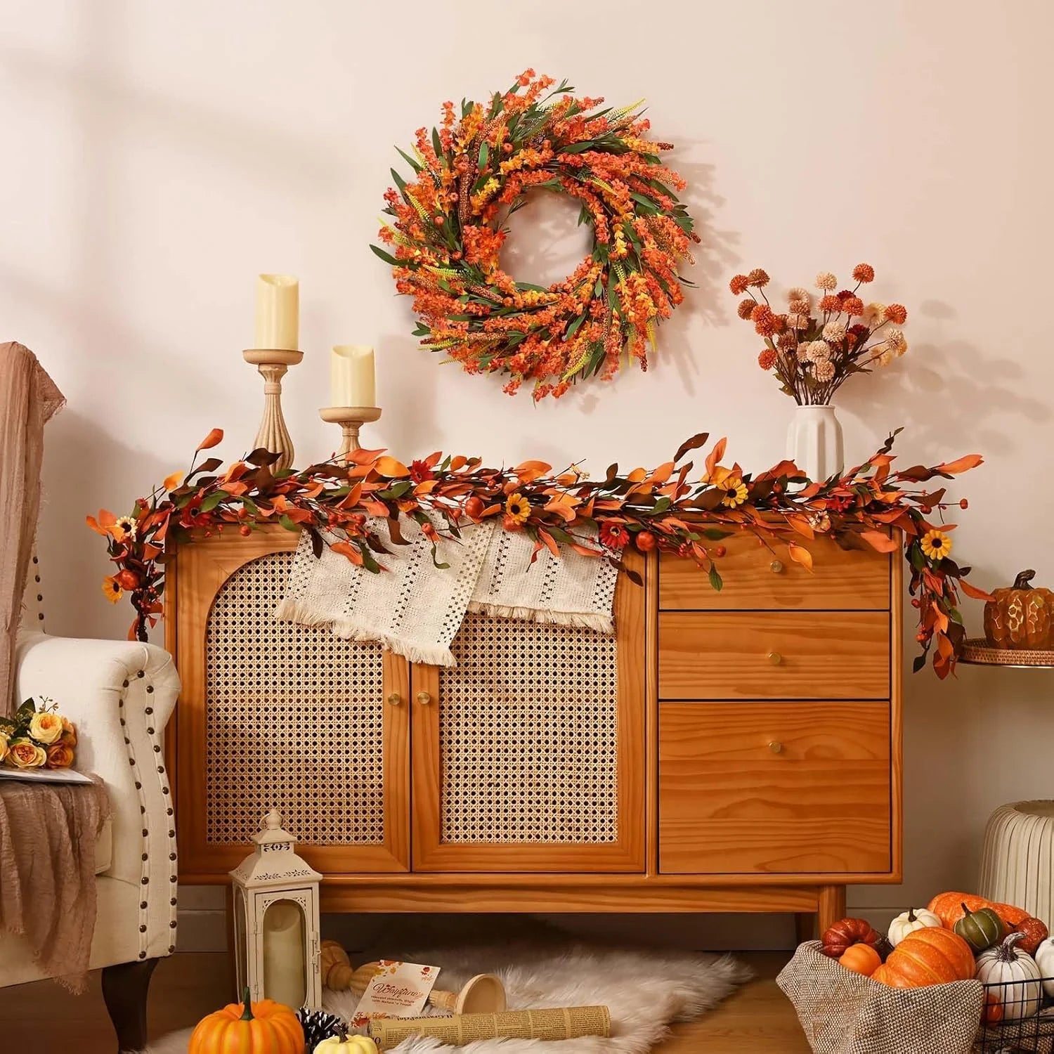 20 Inch Fall Wreaths for Front Door, Autumn Wreath Orange Yellow Fall Leaves Grain Door Wreath Outdoor Indoor Thanksgiving Harvest Fall Decor