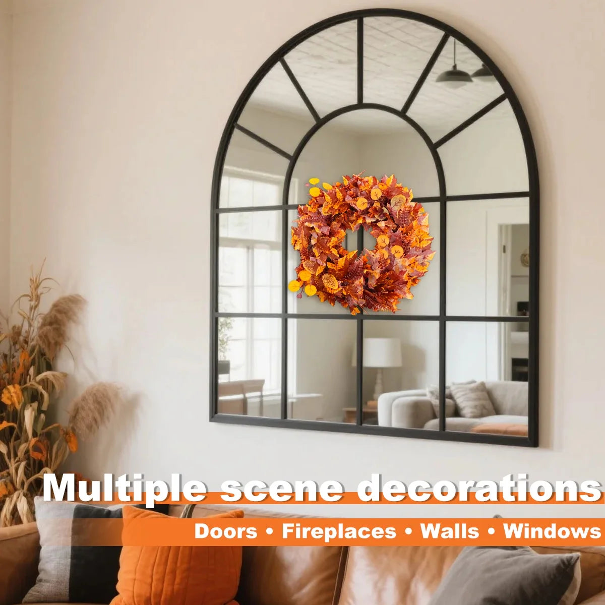 Fall Wreath Decoration Thanksgiving Front Door Decor Artificial Rustic Leaf Wreath Farmhouse Pumpkin Sunflower Home Wall Window Festival Wedding Décor 16.9" Design 5
