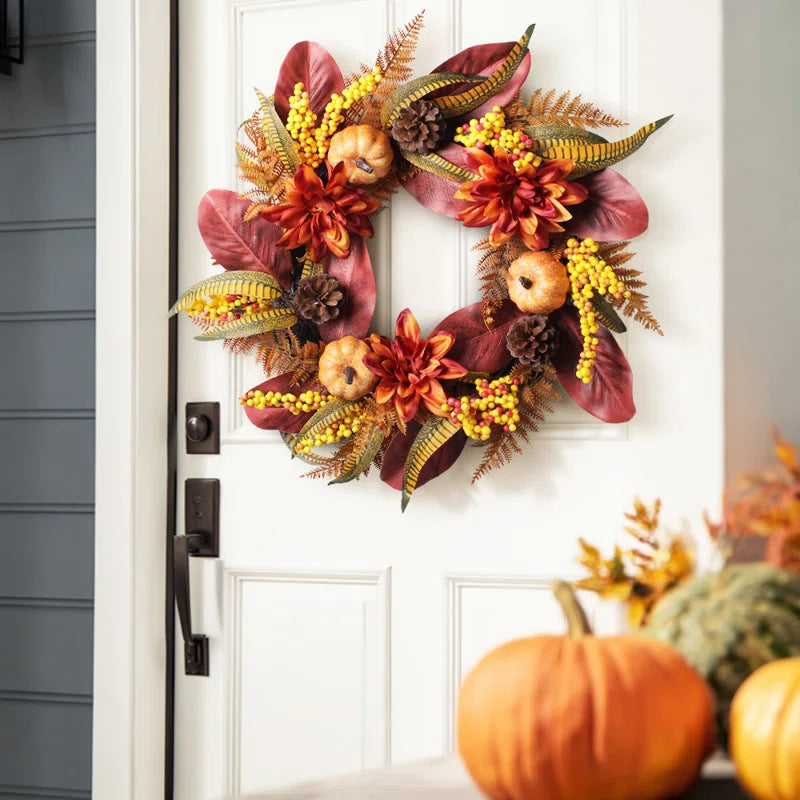 24" Pumpkin & Dahlia Fall Wreath - Autumn Outdoor Fall Decor