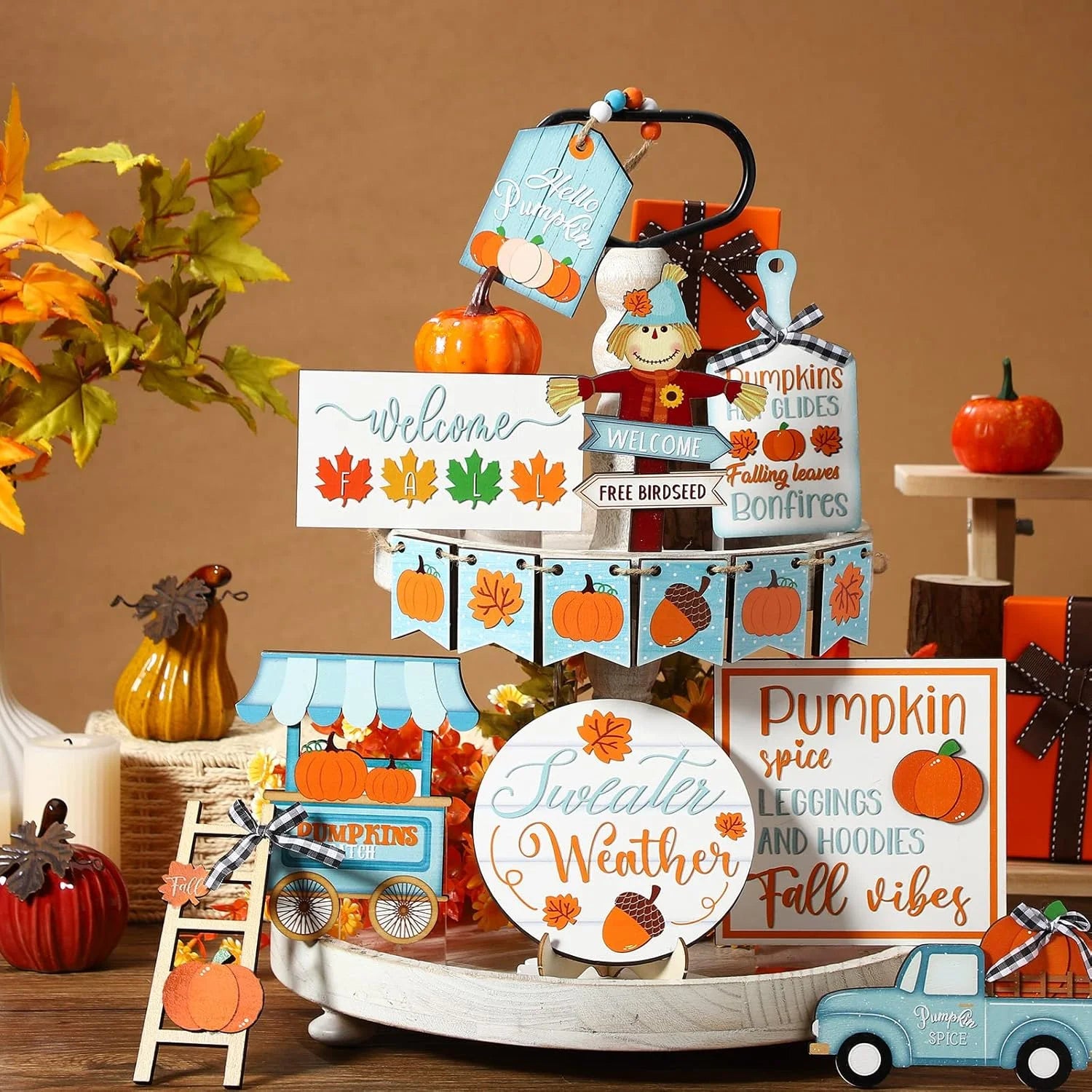Fall Tiered Tray Decor Thanksgiving Pumpkin Tray Decor Truck Fall Autumn Harvest Wooden Table Decorations Signs for Festival Home Decor