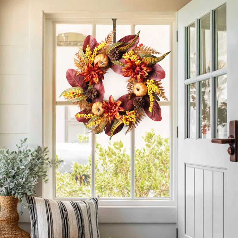 24" Pumpkin & Dahlia Fall Wreath - Autumn Outdoor Fall Decor