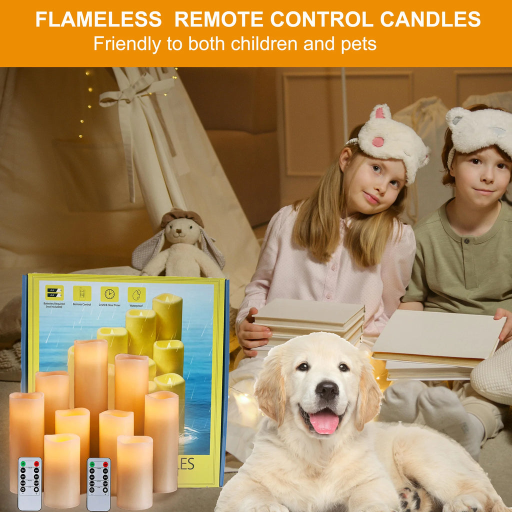 Flameless Ivory Pillar Candles with Remote Control - 9 Pack Large Outdoor LED Battery-Operated Votive Flickering Lights