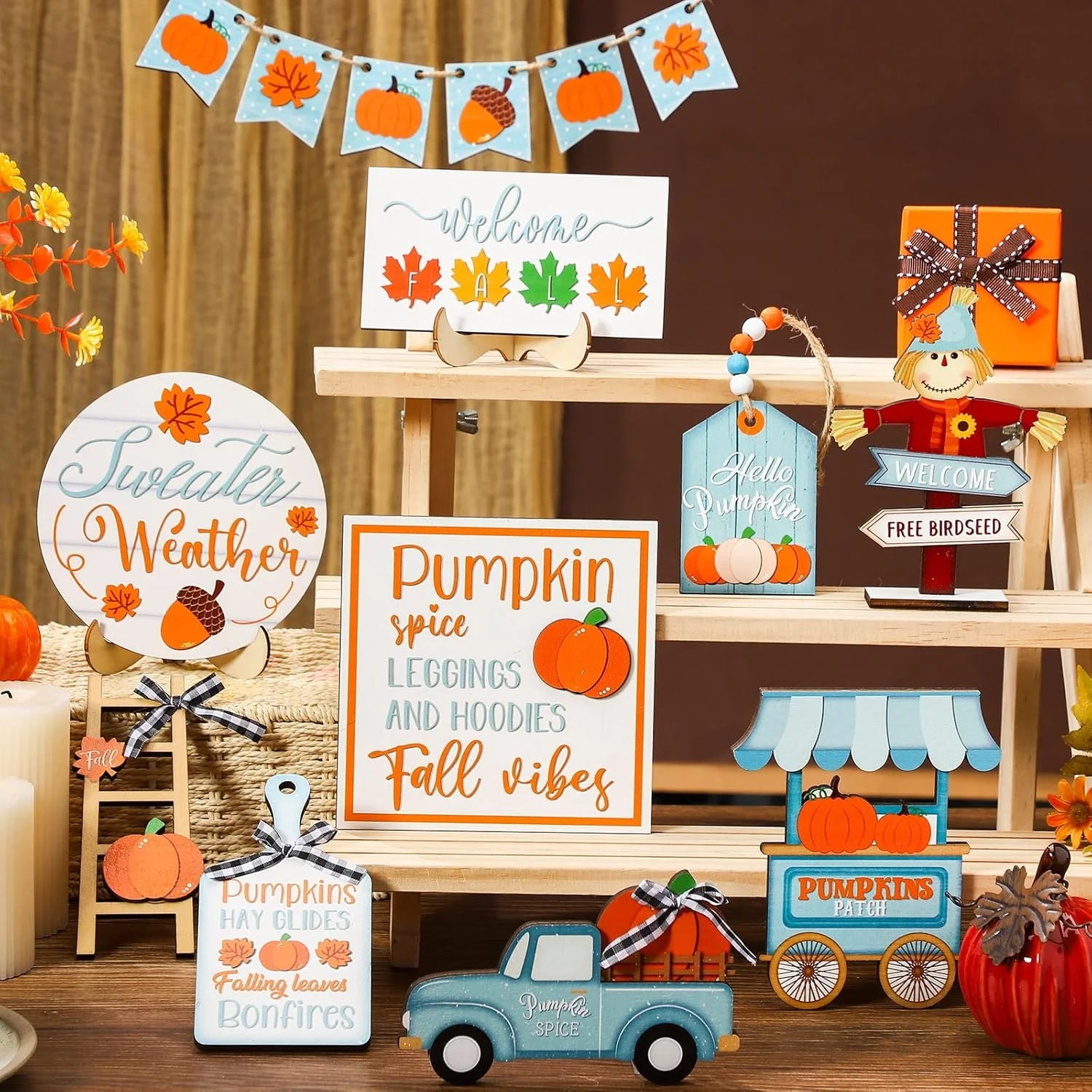 Fall Tiered Tray Decor Thanksgiving Pumpkin Tray Decor Truck Fall Autumn Harvest Wooden Table Decorations Signs for Festival Home Decor
