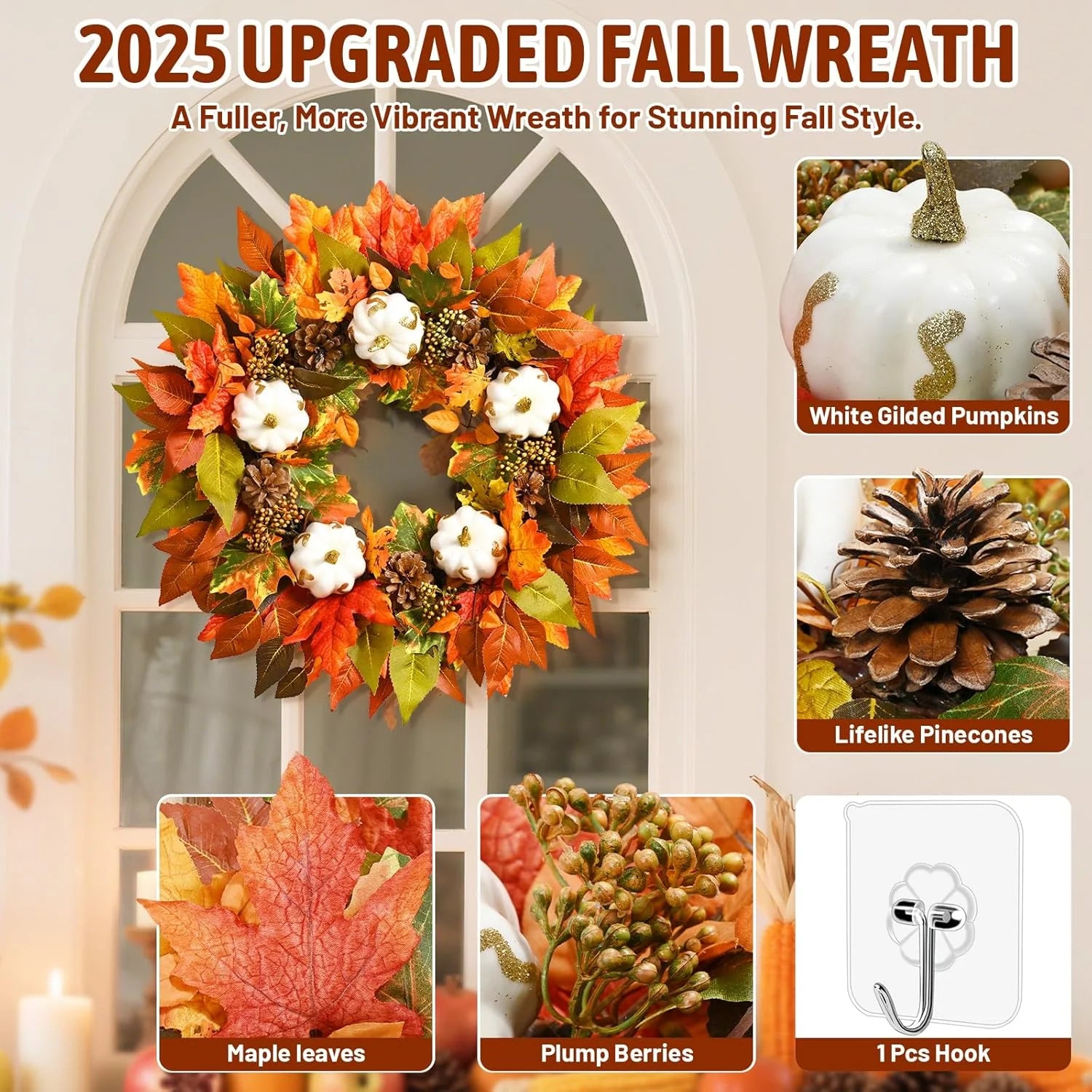 20 Inch Lighted Fall Wreaths for Front Door Fall Decor, Maple Leaf Autumn Wreath with White Pumpkins Thanksgiving Fall Decorations for Home