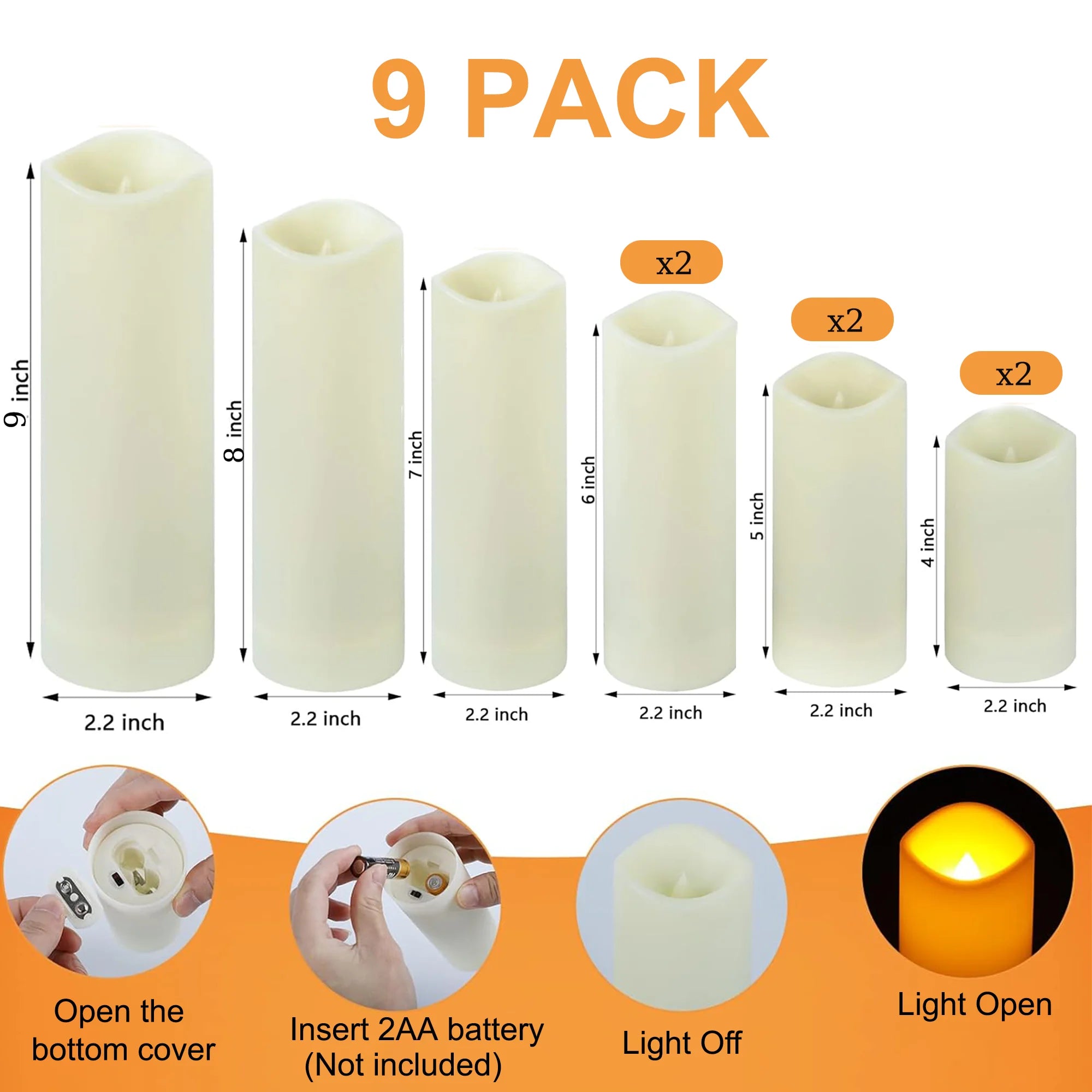 Flameless Ivory Pillar Candles with Remote Control - 9 Pack Large Outdoor LED Battery-Operated Votive Flickering Lights