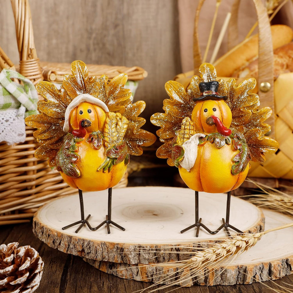 Thanksgiving Turkey Figurine, Set of 2 Resin Turkey Fall Tabletop Decorations, Standing Turkey Couple Harvest Decor for Home Table Kitchen