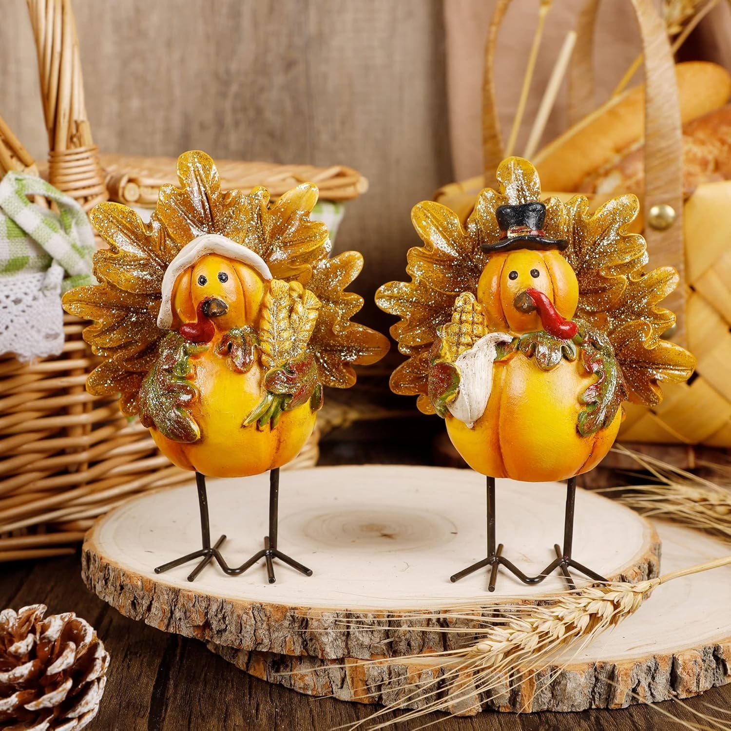 Thanksgiving Turkey Figurine, Set of 2 Resin Turkey Fall Tabletop Decorations, Standing Turkey Couple Harvest Decor for Home Table Kitchen