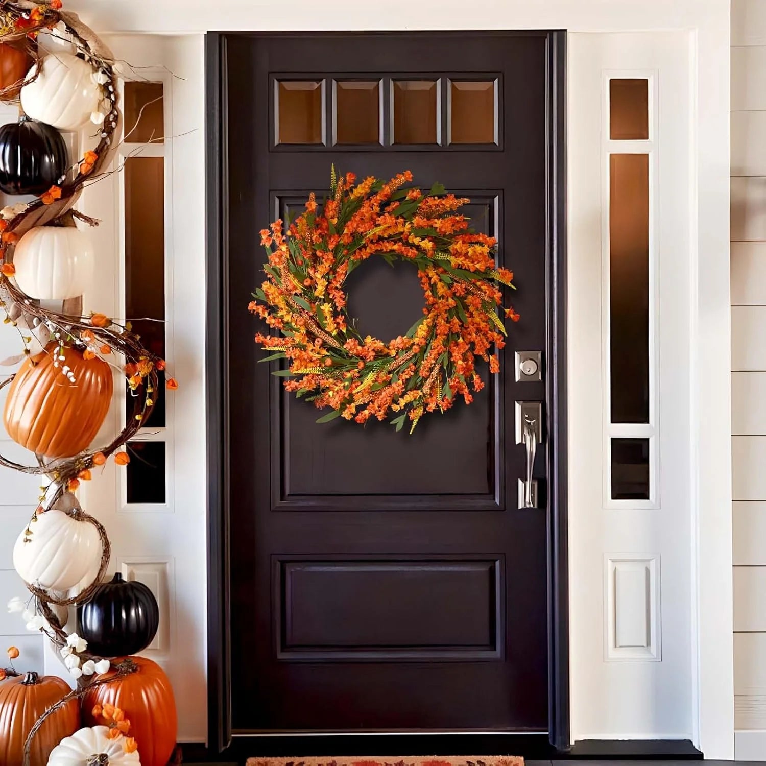 20 Inch Fall Wreaths for Front Door, Autumn Wreath Orange Yellow Fall Leaves Grain Door Wreath Outdoor Indoor Thanksgiving Harvest Fall Decor