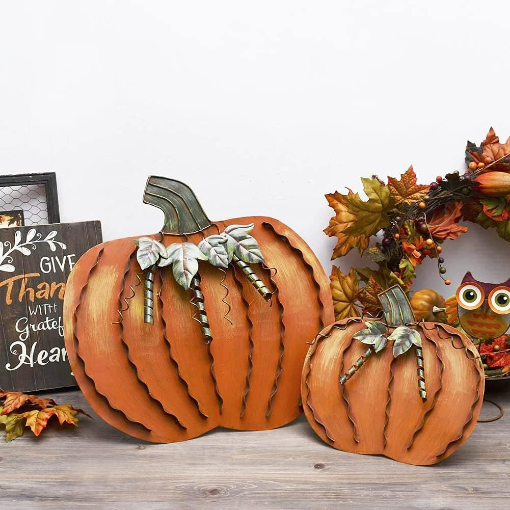 Metal Pumpkin Harvest Fall Decor Thanksgiving Halloween Outdoor Yard Garden Decor Free Standing Pumpkin Decorations for Home (H-18)