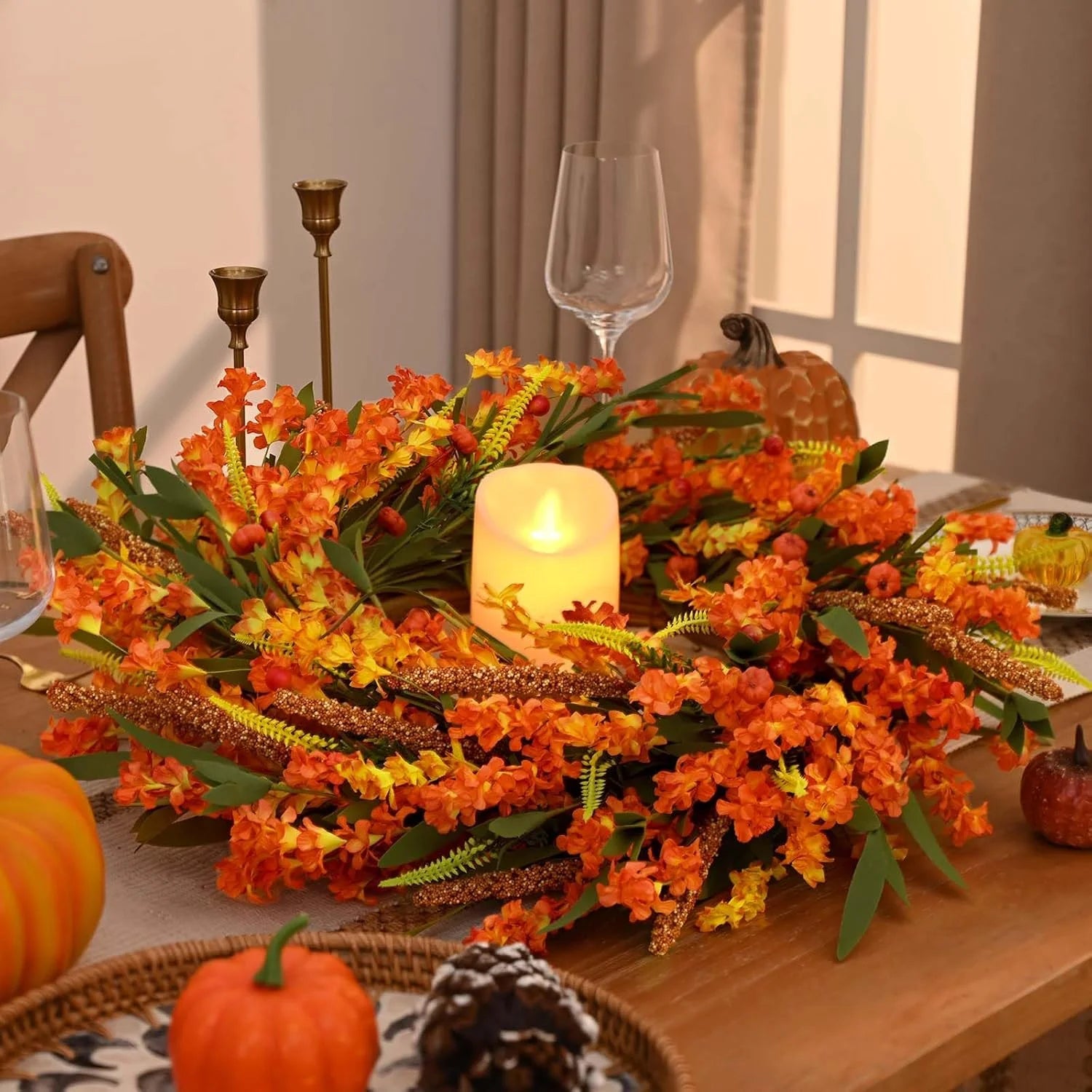 20 Inch Fall Wreaths for Front Door, Autumn Wreath Orange Yellow Fall Leaves Grain Door Wreath Outdoor Indoor Thanksgiving Harvest Fall Decor