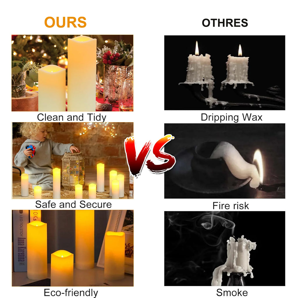 Flameless Ivory Pillar Candles with Remote Control - 9 Pack Large Outdoor LED Battery-Operated Votive Flickering Lights