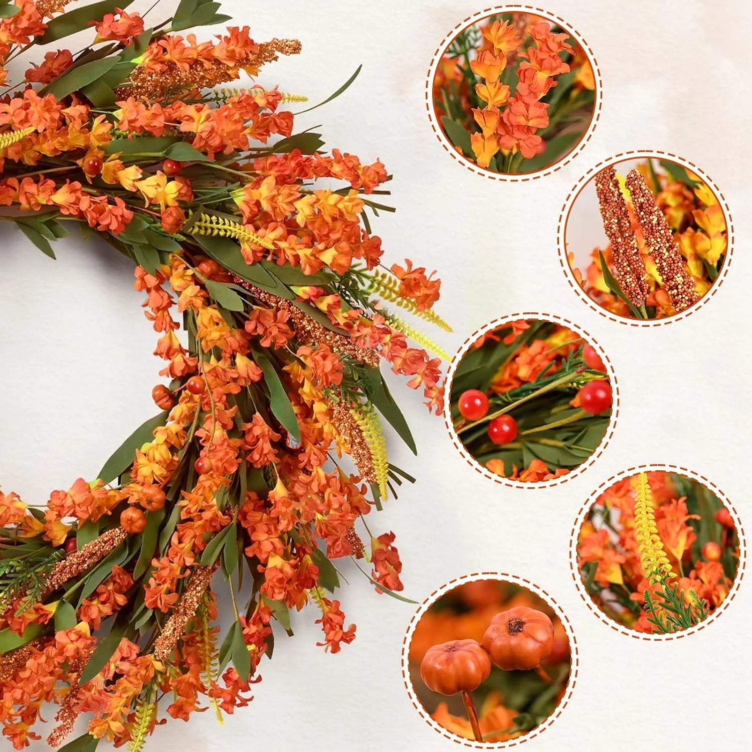 20 Inch Fall Wreaths for Front Door, Autumn Wreath Orange Yellow Fall Leaves Grain Door Wreath Outdoor Indoor Thanksgiving Harvest Fall Decor