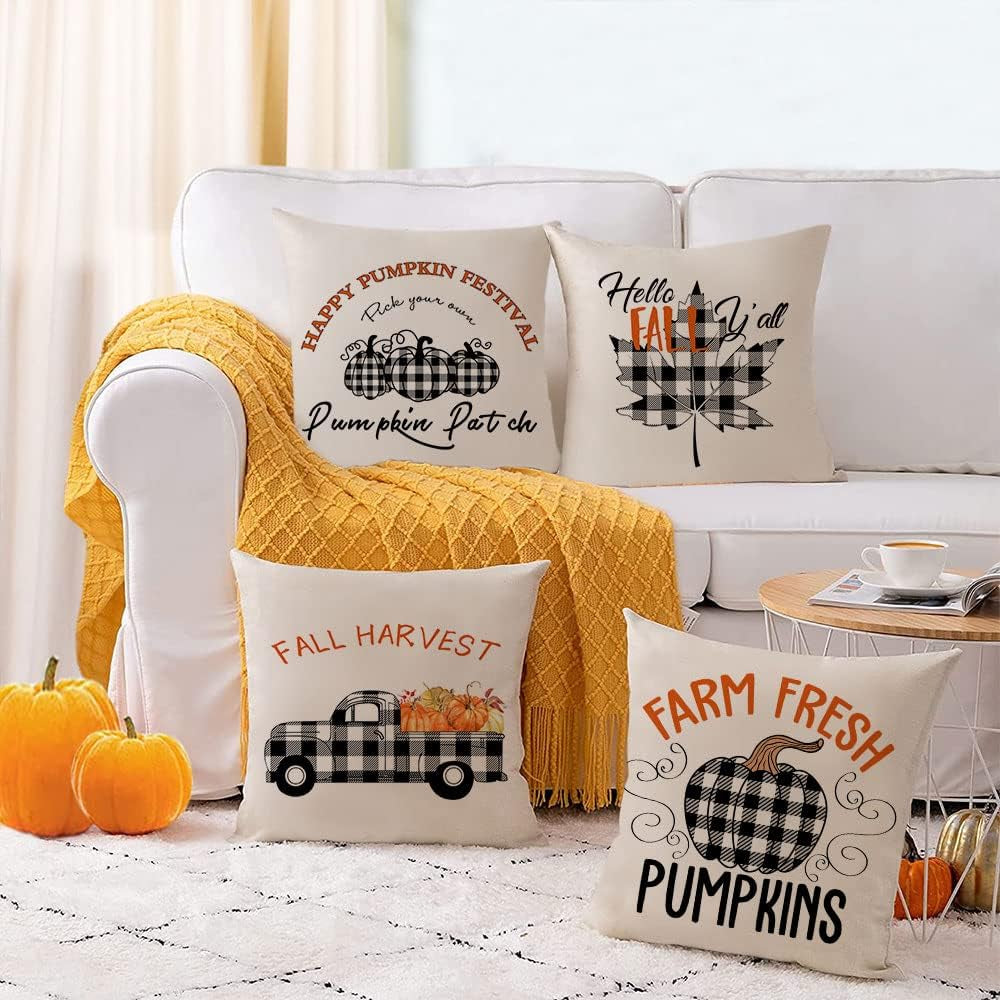 Fall Throw Pillow Covers 20X20 Set of 4 Thanksgiving Pillow Covers Plaid Fall Pumpkin Maple Leaf Cushion Covers Autumn Decorative Pillow Cases for Home Couch Sofa Decorations (20 Inch)