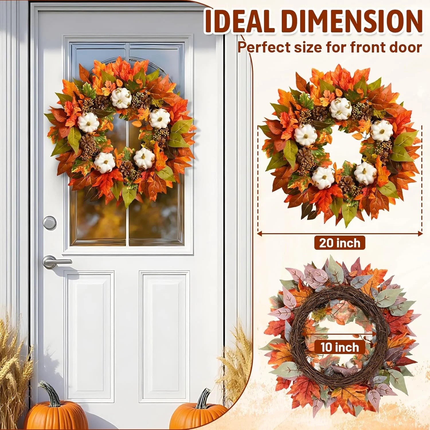 20 Inch Lighted Fall Wreaths for Front Door Fall Decor, Maple Leaf Autumn Wreath with White Pumpkins Thanksgiving Fall Decorations for Home