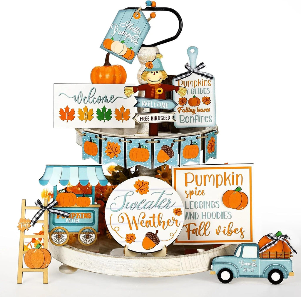 Fall Tiered Tray Decor Thanksgiving Pumpkin Tray Decor Truck Fall Autumn Harvest Wooden Table Decorations Signs for Festival Home Decor