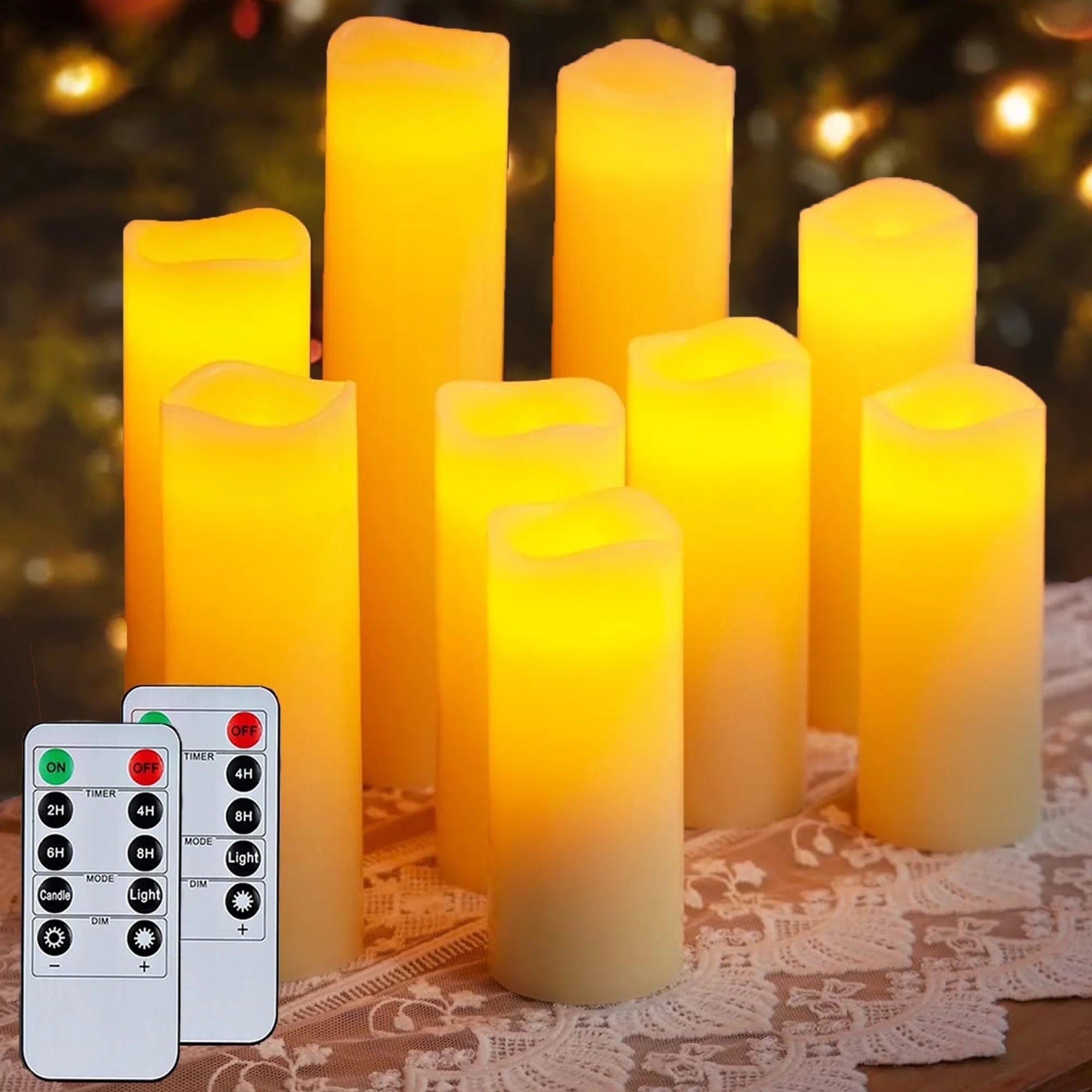 Flameless Ivory Pillar Candles with Remote Control - 9 Pack Large Outdoor LED Battery-Operated Votive Flickering Lights
