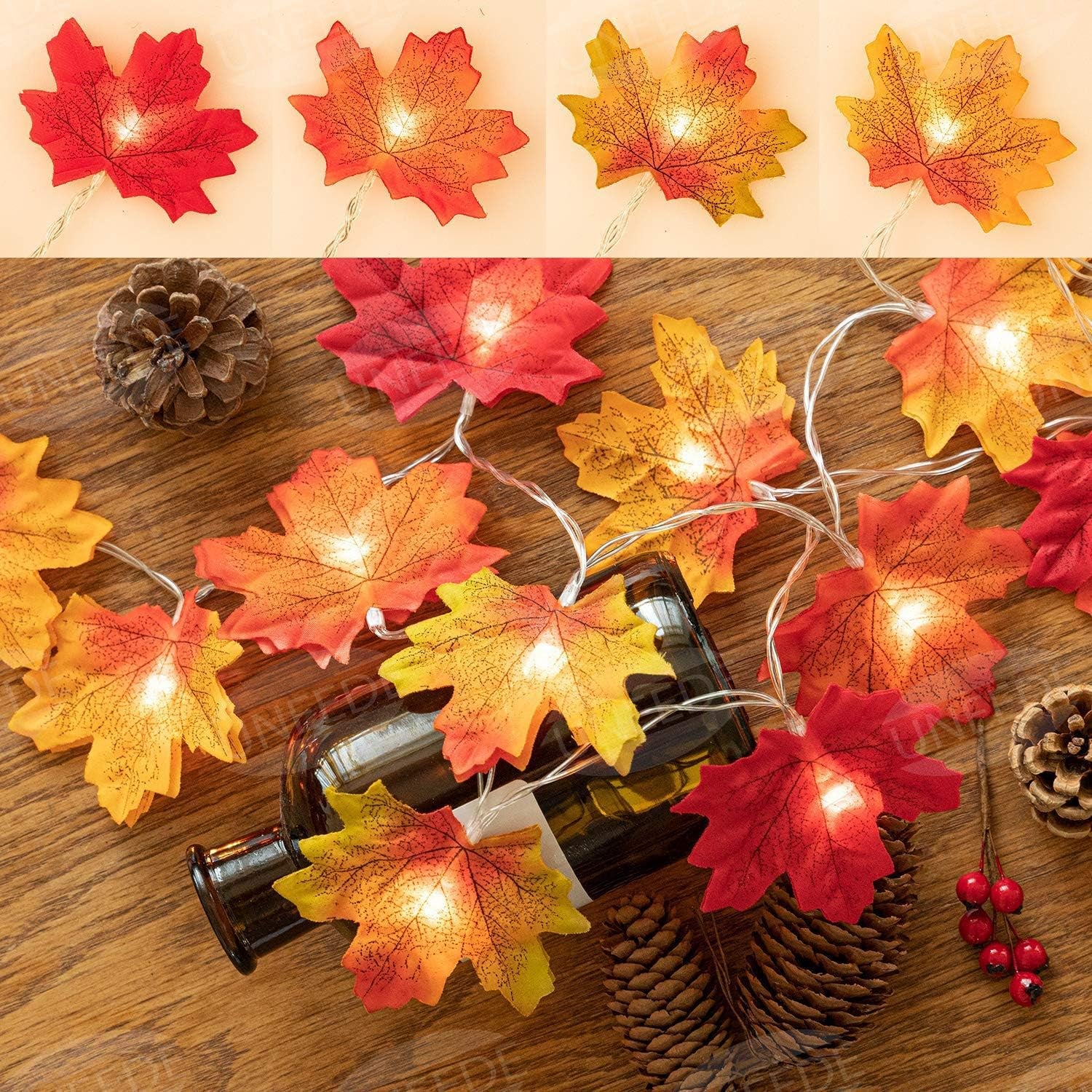 Fall Decor Maple Leaves String Light, Waterproof Thanksgiving Decorations Fall Seasonal Lights 3AA Battery Powered Lighted Garland for Holiday Party Indoor Outdoor Halloween Thanksgiving Decor