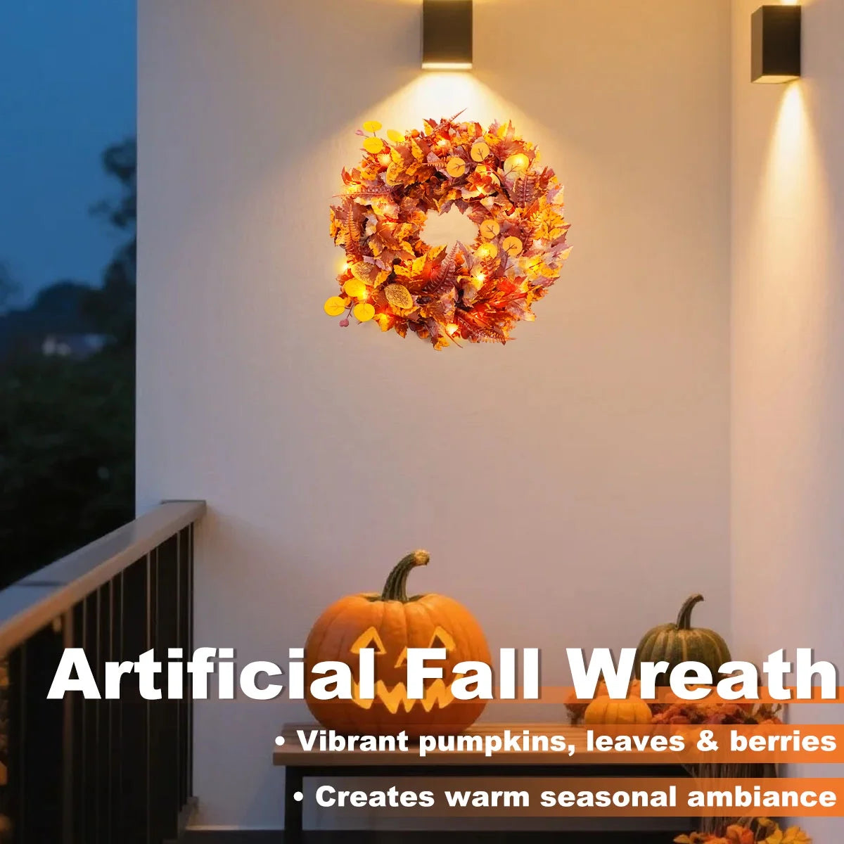 Fall Wreath Decoration Thanksgiving Front Door Decor Artificial Rustic Leaf Wreath Farmhouse Pumpkin Sunflower Home Wall Window Festival Wedding Décor 16.9" Design 5