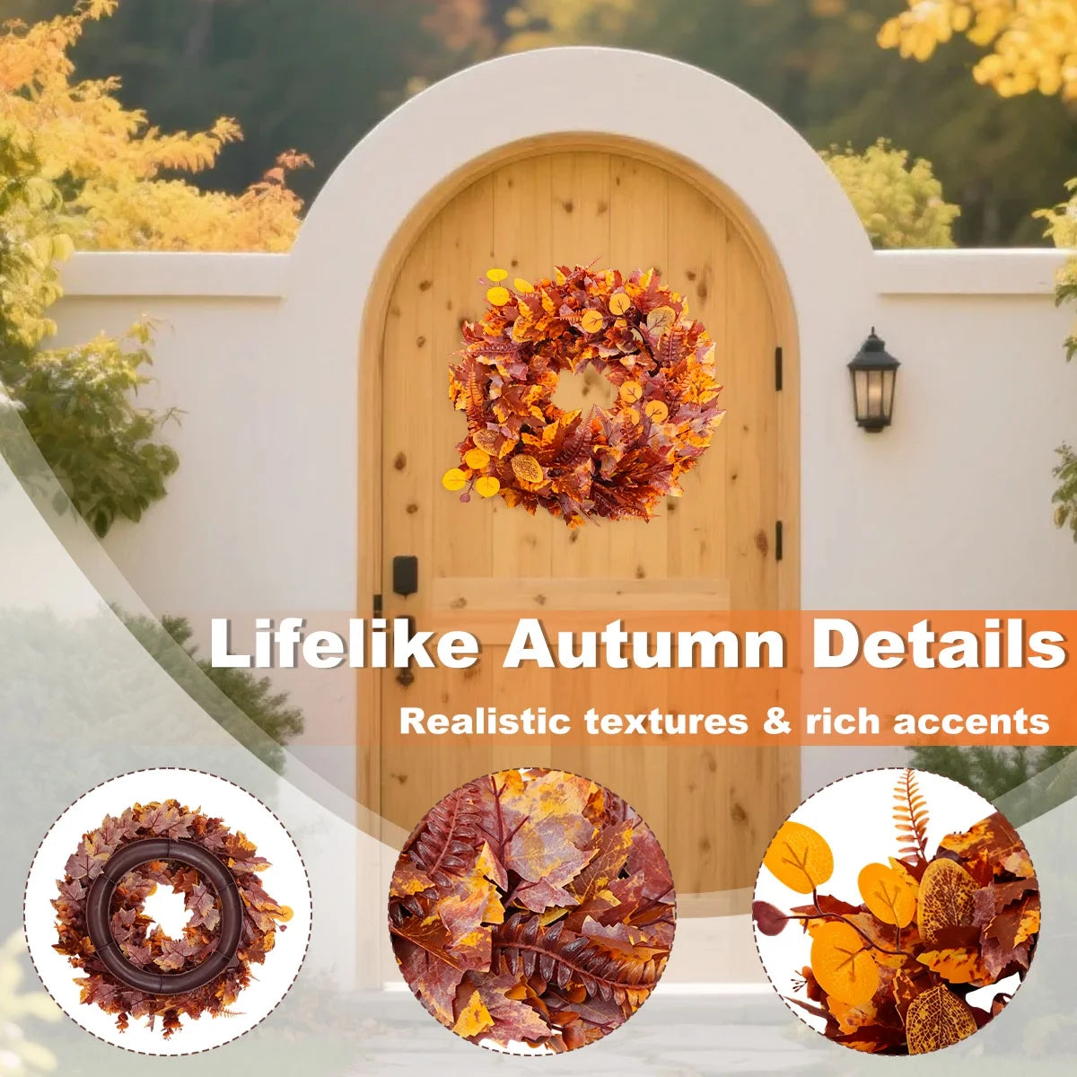 Fall Wreath Decoration Thanksgiving Front Door Decor Artificial Rustic Leaf Wreath Farmhouse Pumpkin Sunflower Home Wall Window Festival Wedding Décor 16.9" Design 5