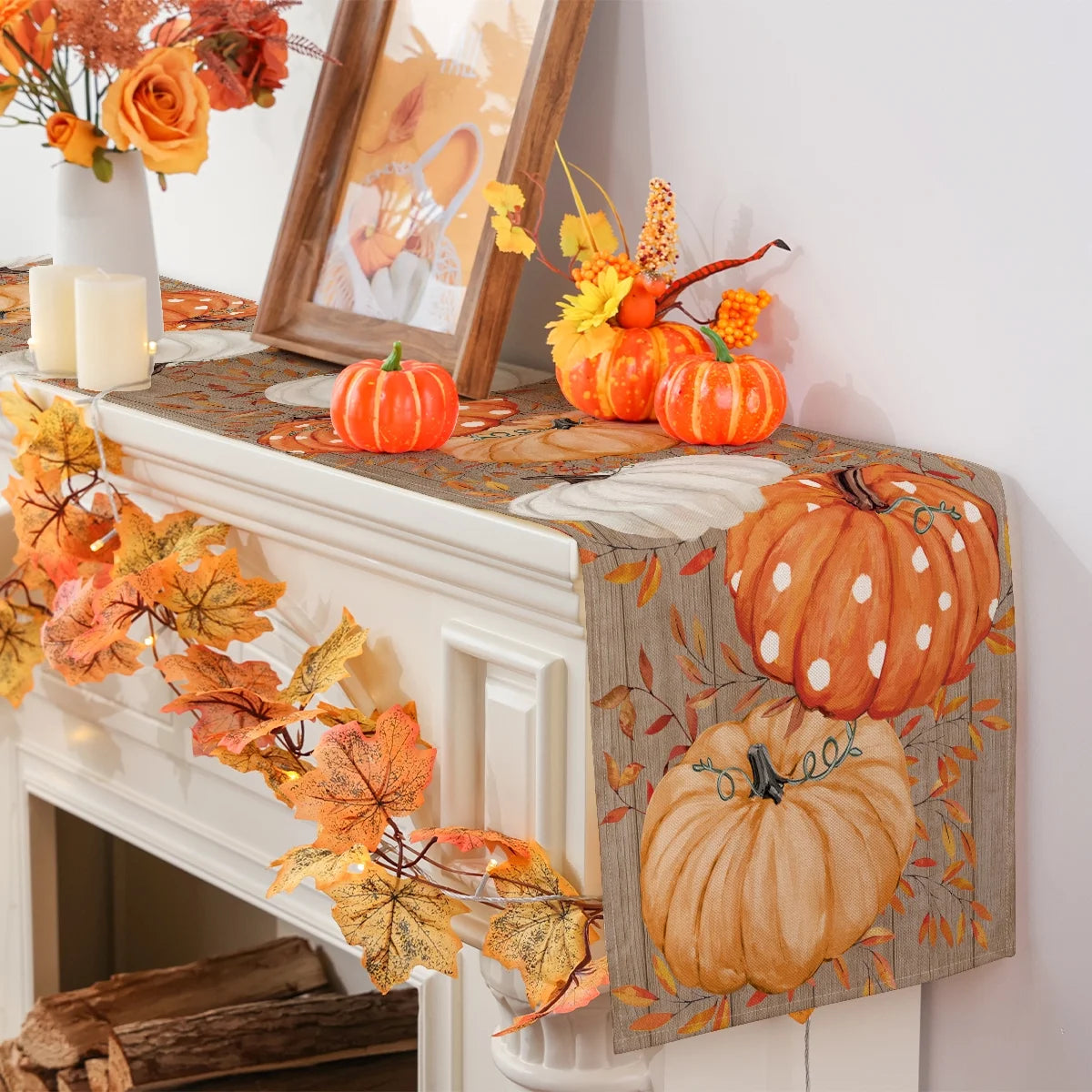 Fall Table Runner, Pumpkins Leaf Fall Decor Home Indoor Tableware, 13X72 Inch, Polyester