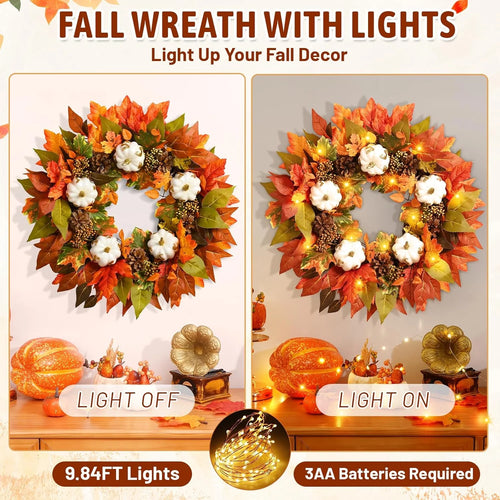 20 Inch Lighted Fall Wreaths for Front Door Fall Decor, Maple Leaf Autumn Wreath with White Pumpkins Thanksgiving Fall Decorations for Home