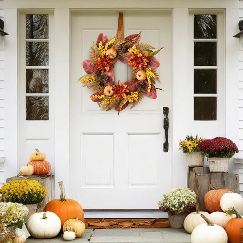 24" Pumpkin & Dahlia Fall Wreath - Autumn Outdoor Fall Decor