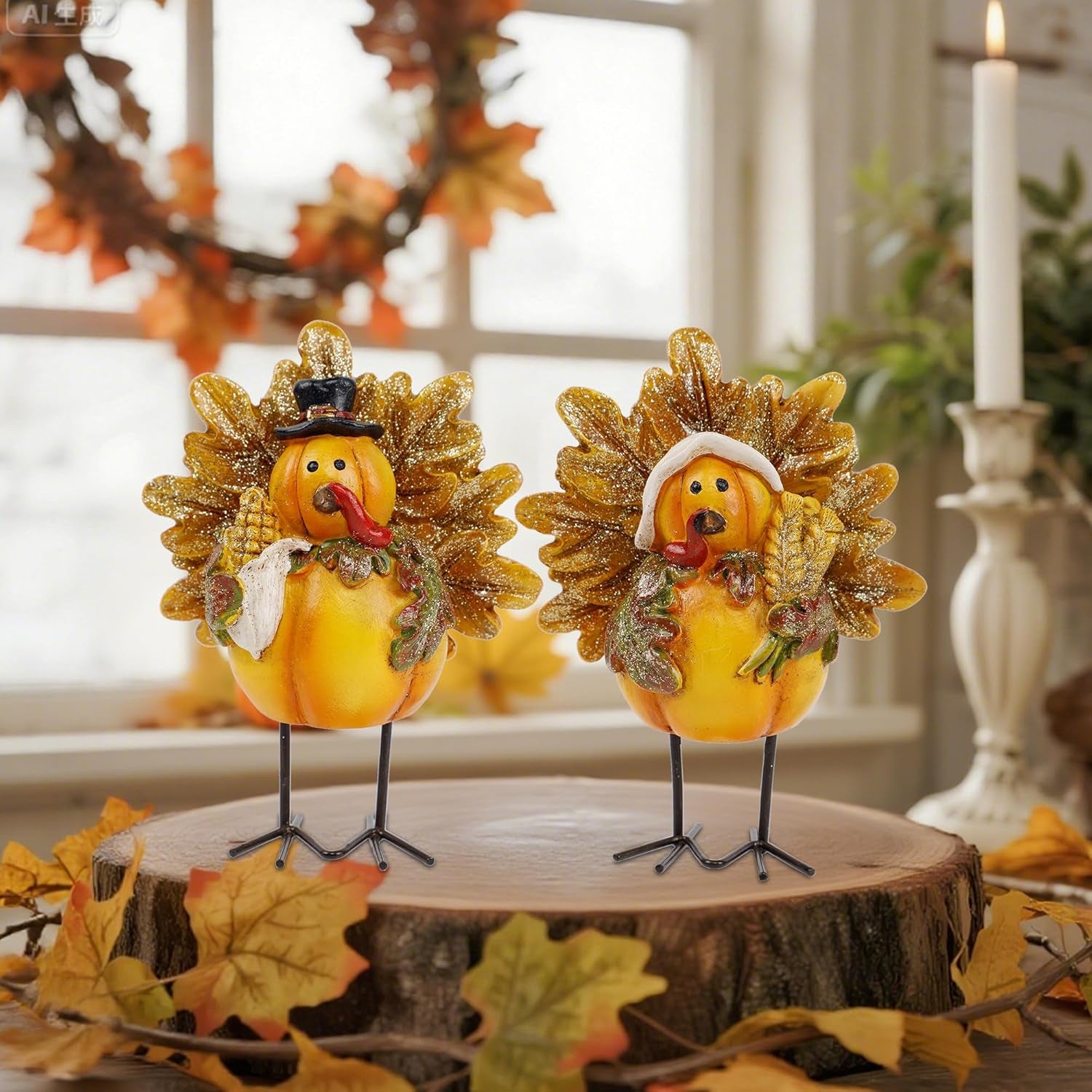 Thanksgiving Turkey Figurine, Set of 2 Resin Turkey Fall Tabletop Decorations, Standing Turkey Couple Harvest Decor for Home Table Kitchen